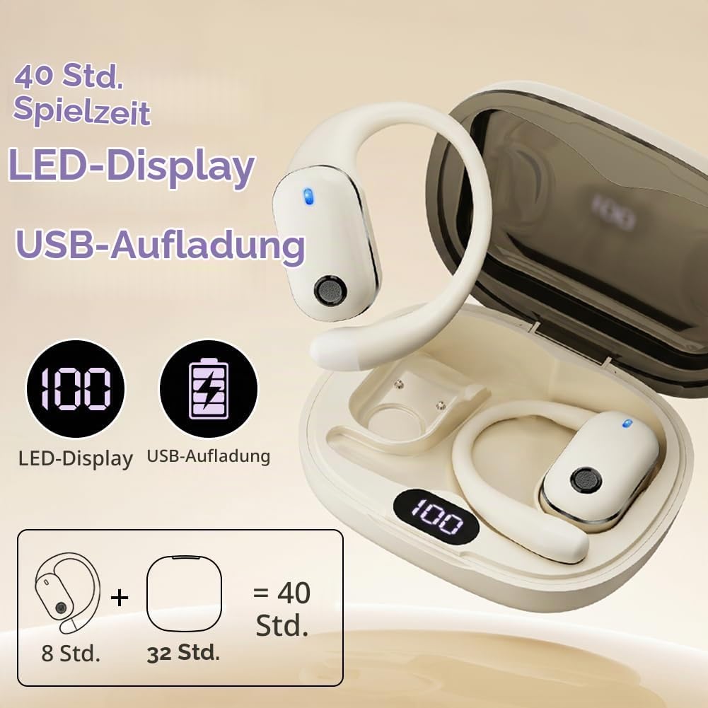 Open-Ear Bluetooth Kopfhörer, Bluetooth 6.0 Wireless Ohrhörer Sport mit LED-Anzeige, IPX6 Wasserdich