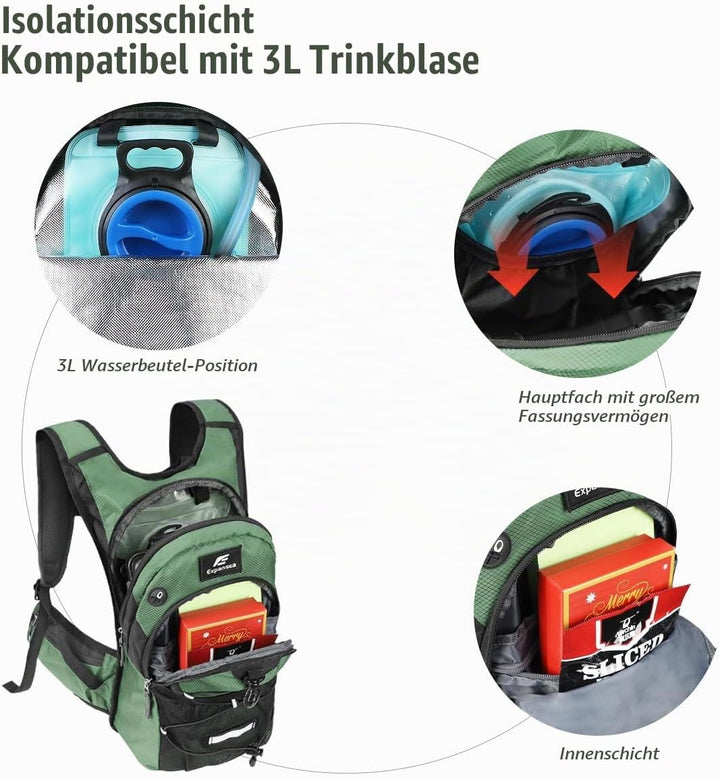 Trinkrucksack mit Trinkblase 3L BPA-Frei, Wasserdichter Outdoor-Rucksack, Rucksack mit Trinksystem,