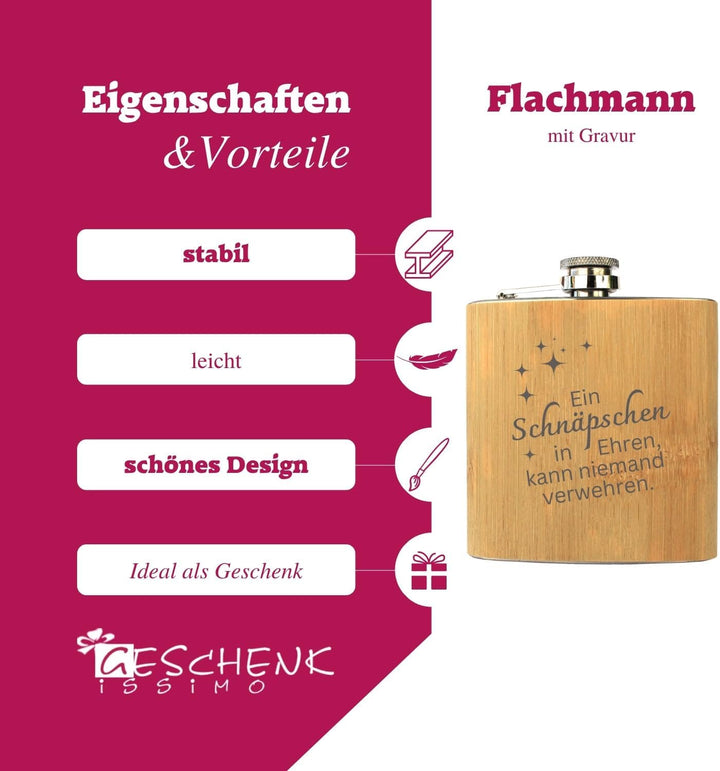 Ein Schnäpschen in Ehren - Edelstahl-Flachmann mit Bambus Ummantelung 175ml - Gravur Geschenkidee mi