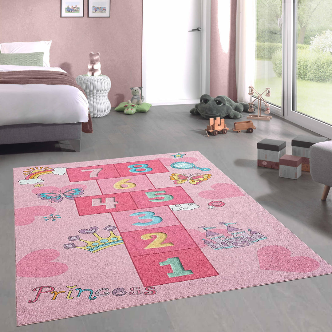CARPETIA Hüpfkästchen Kinder-Spielteppich mit Herzen Krone & Prinzessinnen Burg in rosa, 140 x 200 c