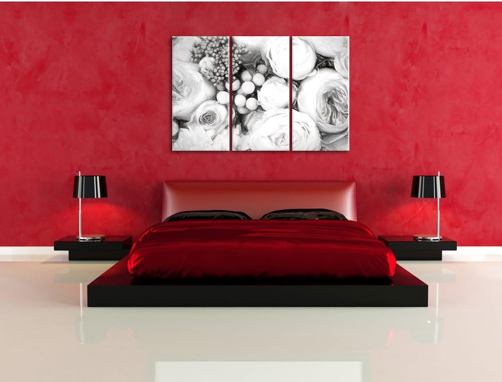 Pixxprint Rosa Rosen / 3-Teilig/Gesamtmass 120cm Leinwandbild bespannt auf Holzrahmen/Wandbild Kunst