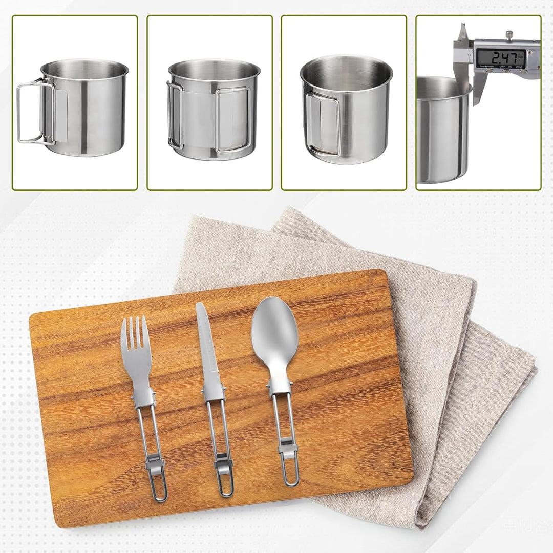 Outdoor Kochgeschirr Set Camping – 1,25L Topf & 0,65L Pfanne mit 0,3L Edelstahlbecher – Leichtes, Ro