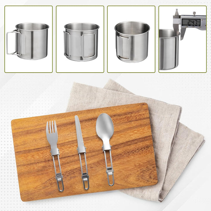 Outdoor Kochgeschirr Set Camping – 1,25L Topf & 0,65L Pfanne mit 0,3L Edelstahlbecher – Leichtes, Ro