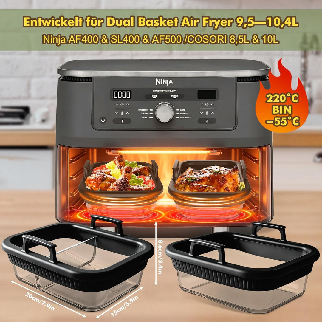 2er Set Glas Auflaufform für Airfryer mit Silikongriffen für Ninja Heissluftfritteuse Zubehör AF400E