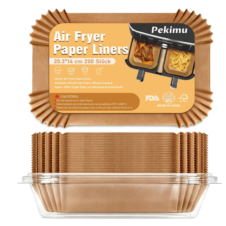 200 Stück Backpapier für Heissluftfritteuse mit Doppelkammer, 20,3x14cm Rechteckige Airfryer Papier