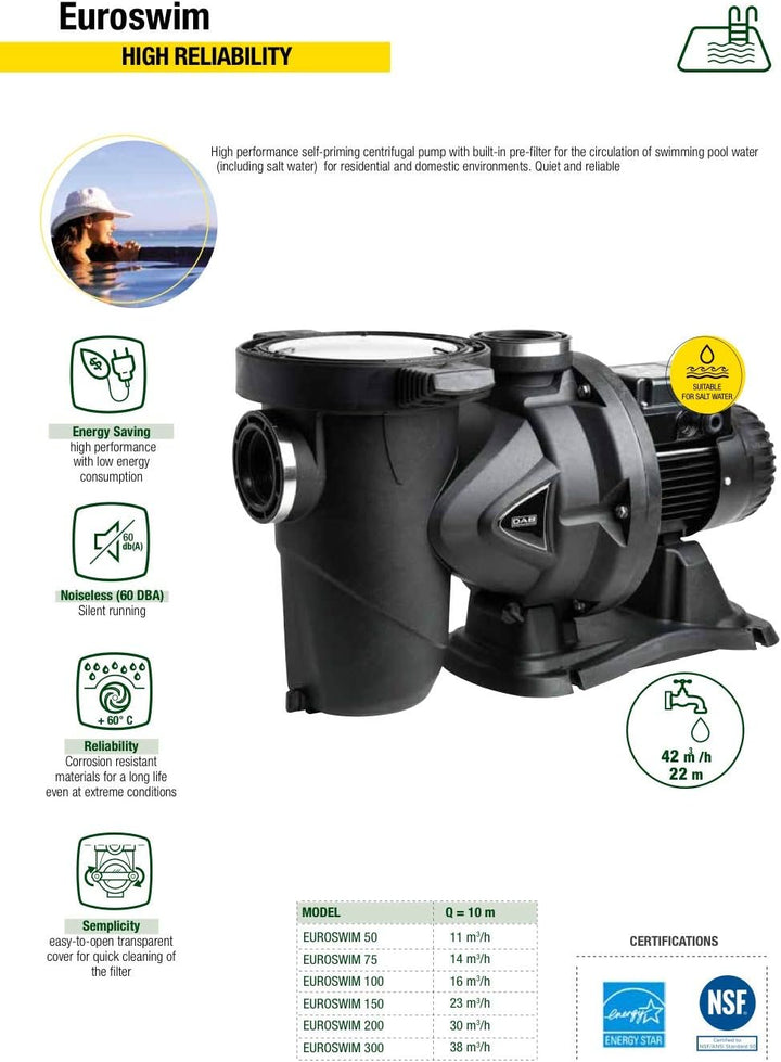 DAB EUROSWIM 100 M 1 HP Elektropumpe für Schwimmbäder, einphasig, selbstansaugend, leise, für Hausha