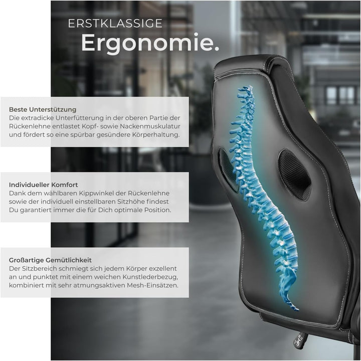 tectake® Racing Bürostuhl, Gaming Stuhl mit Wippfunktion, Chefsessel, Drehstuhl mit Rollen, höhenver