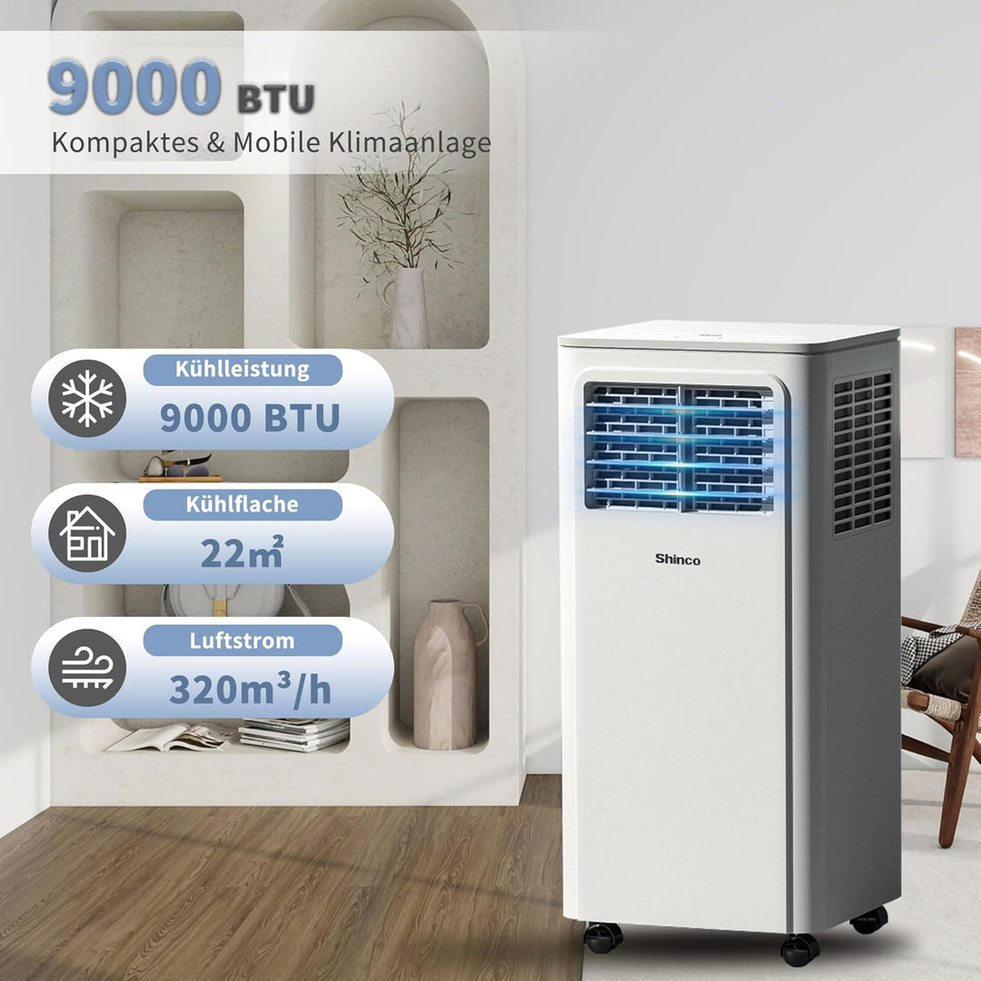 Shinco Mobiles Klimagerät,9000 BTU, 2,6kW, 3-in-1 Klimaanlage, Kühlen&amp;Ventilieren&amp;Entfeuchten, Mobil
