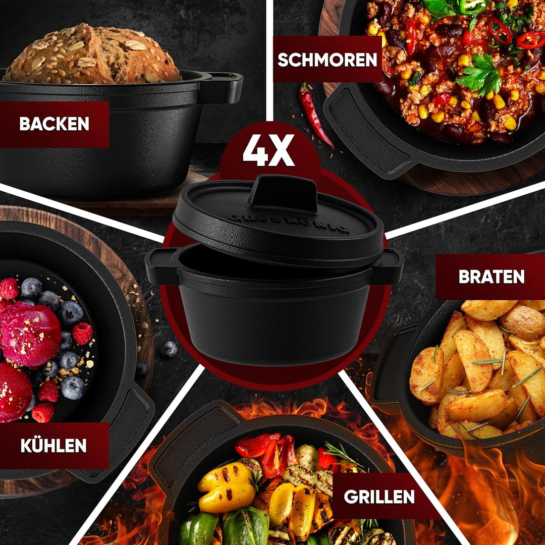 GUSSKÖNIG Dutch Oven Set Mini - 4x 300ml Gusseisen Mini Topf mit Deckel - bereits eingebrannter Mini