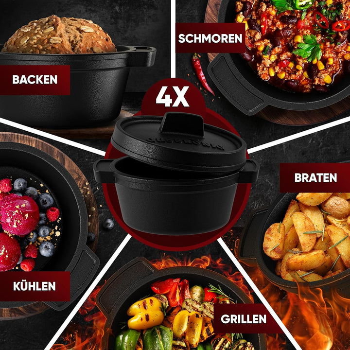 GUSSKÖNIG Dutch Oven Set Mini - 4x 300ml Gusseisen Mini Topf mit Deckel - bereits eingebrannter Mini