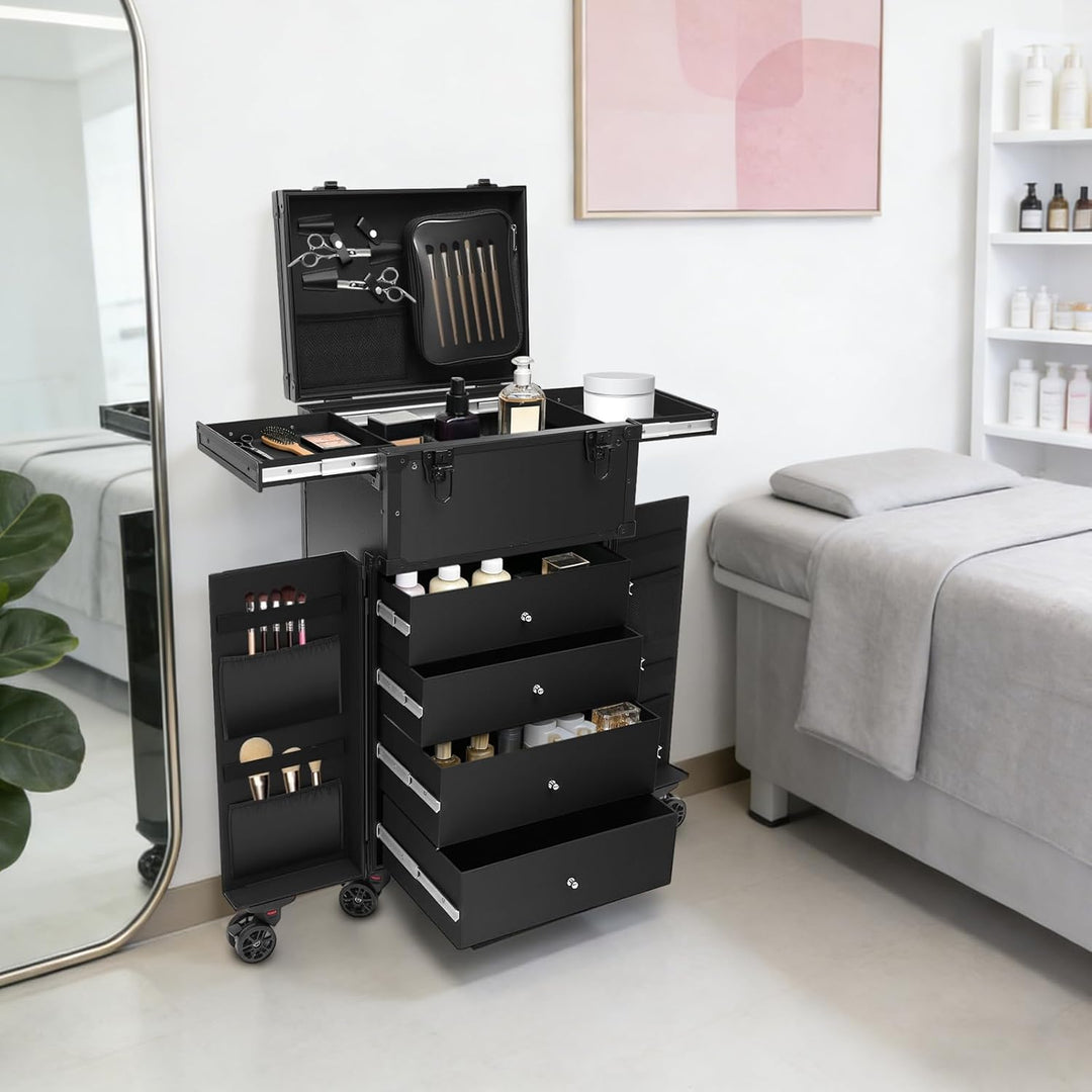 Kosmetikkoffer Trolley Schminkkoffer mit Rollen Aluminium Gross Beauty Make Up Koffer mit 4 Schublad