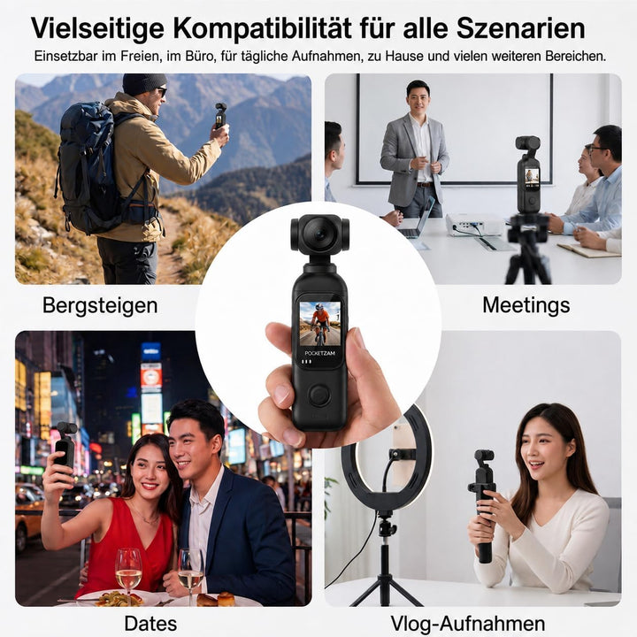 Vlog-Kamera mit 130° & 270° drehbarem Objektiv. Der mitgelieferte Ladegriff ermöglicht bis 14Std. Ak