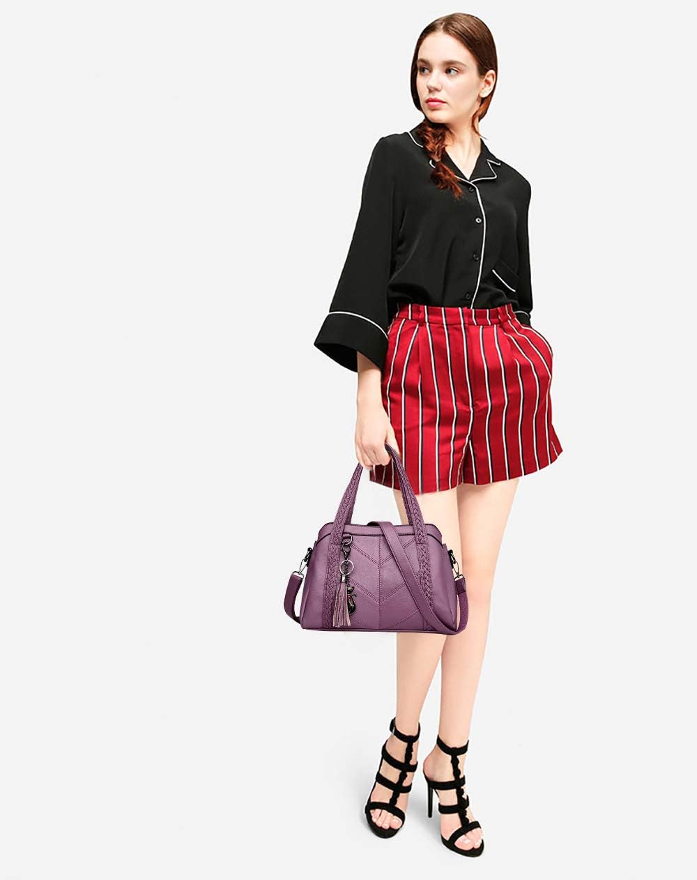 Damen Hobo Schultertasche Tasche mit Schultergurt Umhängetasche Handtasche aus PU-Leder EINWEG Lila,