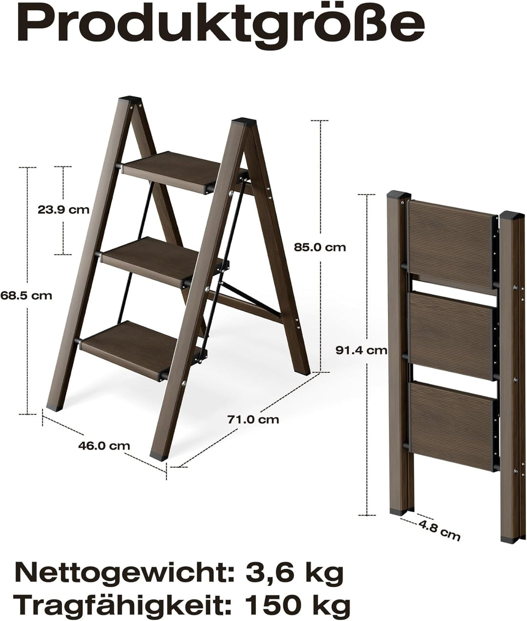 Trittleiter 3 Stufen klappbar,Tritthocker aus Aluminium | 150 kg Tragfähigkeit,Leiter mit rutschfest
