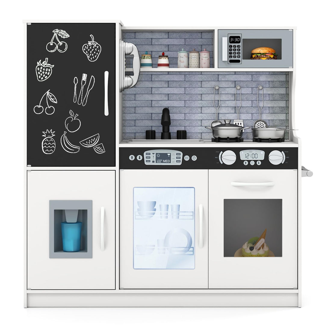 COSTWAY Kinderküche inkl. Zubehör, Spielküche Holz mit Tafel & Mikrowelle & Eismaschine, Spielzeugkü