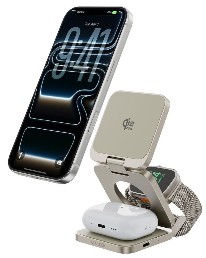 LULULOOK Ultra Kompakt Qi2.2 25W 3 in 1 Ladestation, Faltbar Reise MagSafe Ladegerät für iPhone 17/1