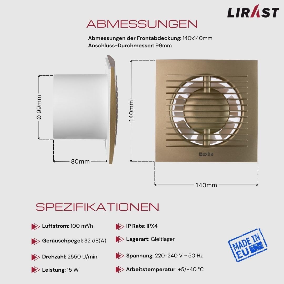 Ø 100mm Gold Badlüfter - Lüfter für Effiziente Belüftung im Bad Kuche WC, Ø 100mm Gold