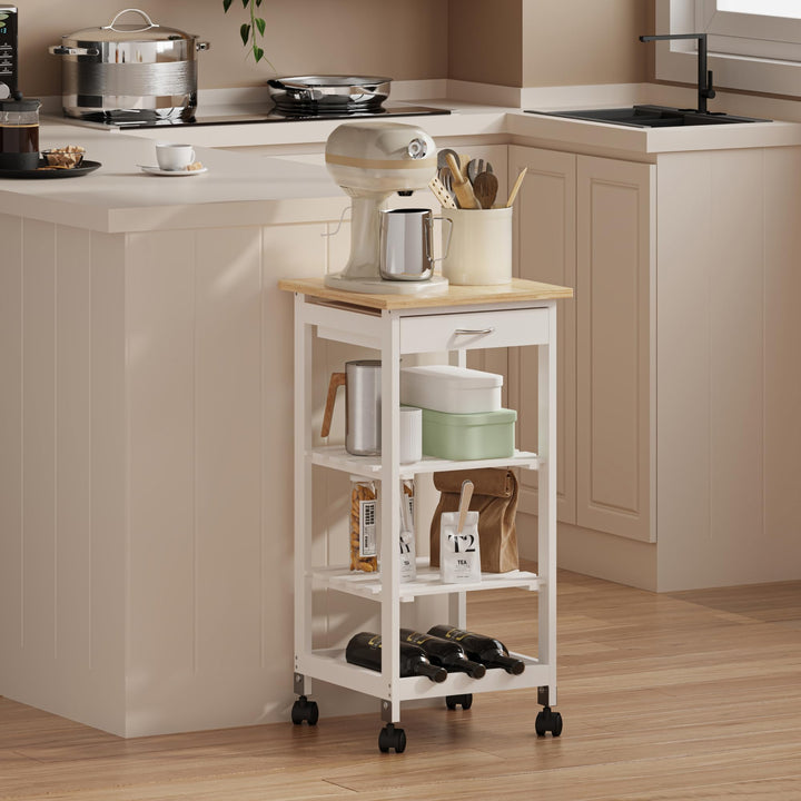 [en.casa] Servierwagen Biel Weiss/Holzfarben 76 x 37 x 37 cm Küchenwagen mit Schublade und 3 Ablagen