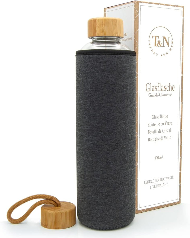 T&N Glasflasche 1 Liter – Trinkflasche Glas 1l mit Neoprenhülle – Wasserflasche Auslaufsicher – Glas