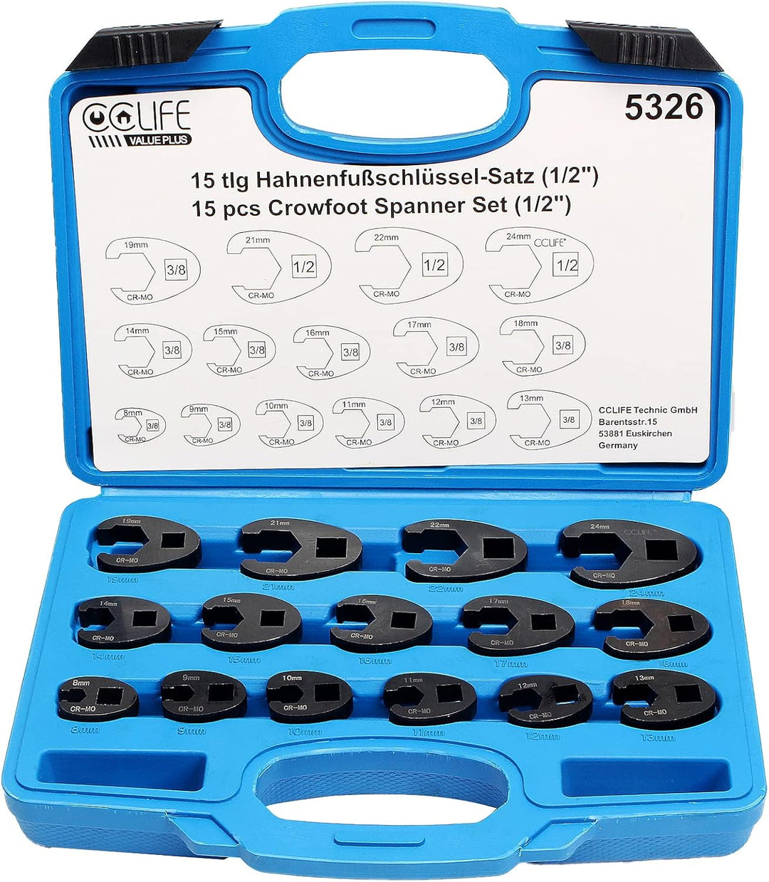 CCLIFE 15tlg Hahnenfussschlüssel Hahnenfuss Schlüssel Steckschlüssel Drehmoment 1/2" 3/8" Aussenvier