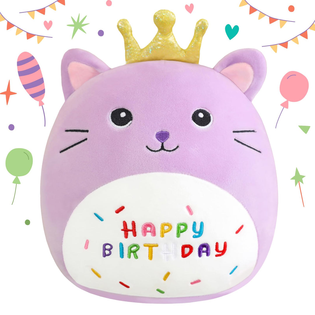 SQEQE Happy Birthday Stuffed Animal 10" Cat Soft Toys with Crown Cute Plush Pillow Cat Plush Toy for