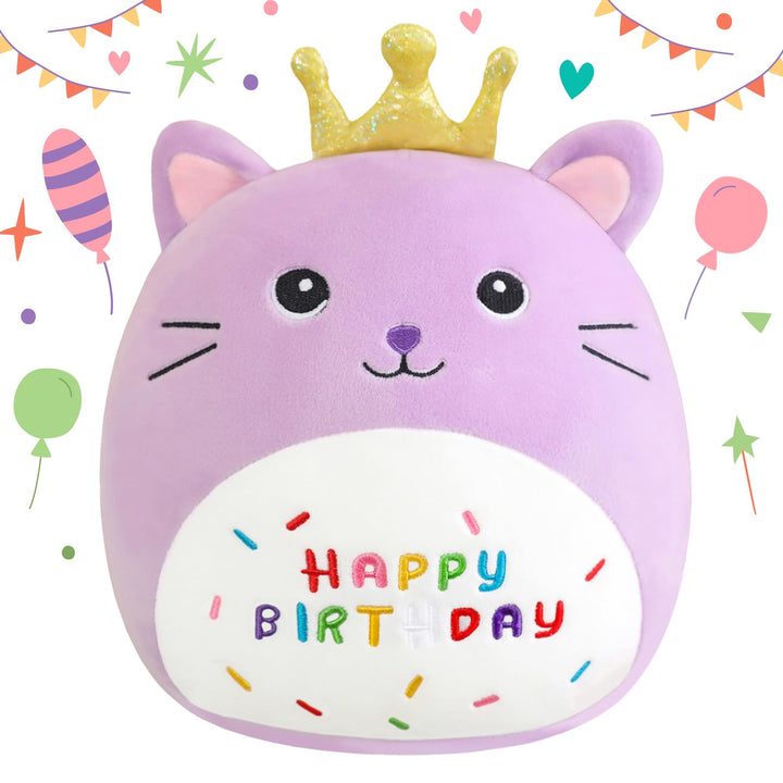 SQEQE Happy Birthday Stuffed Animal 10" Cat Soft Toys with Crown Cute Plush Pillow Cat Plush Toy for