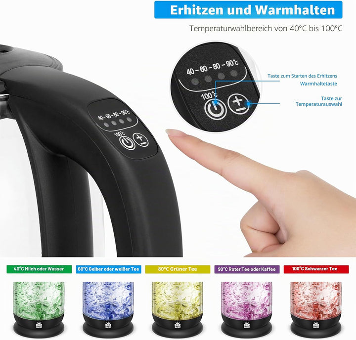 ForMe Glas Wasserkocher 1.7 mit Temperatureinstellung Temperaturwahl 40-100°C Farbwechsel LED Temper