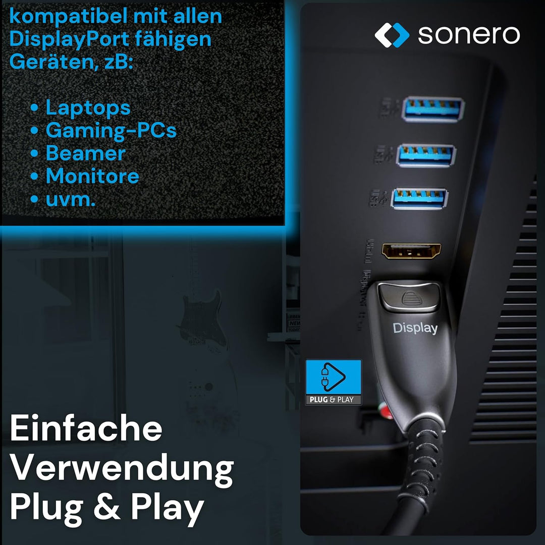 Sonero® 8K-DisplayPort 1.4 Kabel, Glasfaser-Hybrid-Kabel, Auflösung bis 8K 60 Hz (7680 x 4320) / 4K