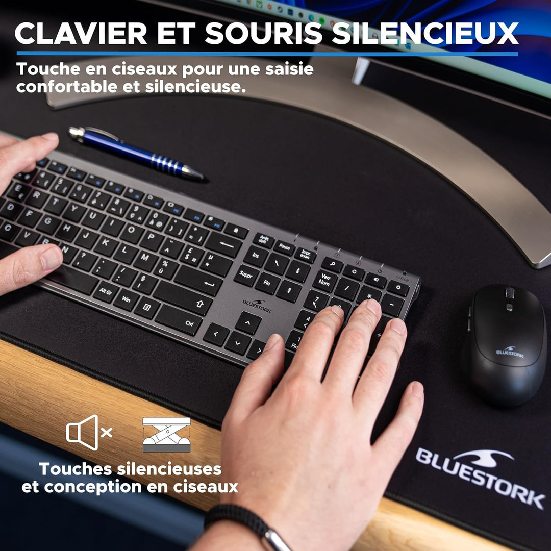 BlueStork - Grapheme kabellose Tastatur und Maus – Wireless mit Smart Dongle – leise Klicks – Ultra