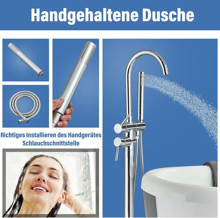 Rozin Badewannenarmatur Freistehende Badewanne Armatur Chrom Messing 360 Grad Schwenkauslauf Badewan