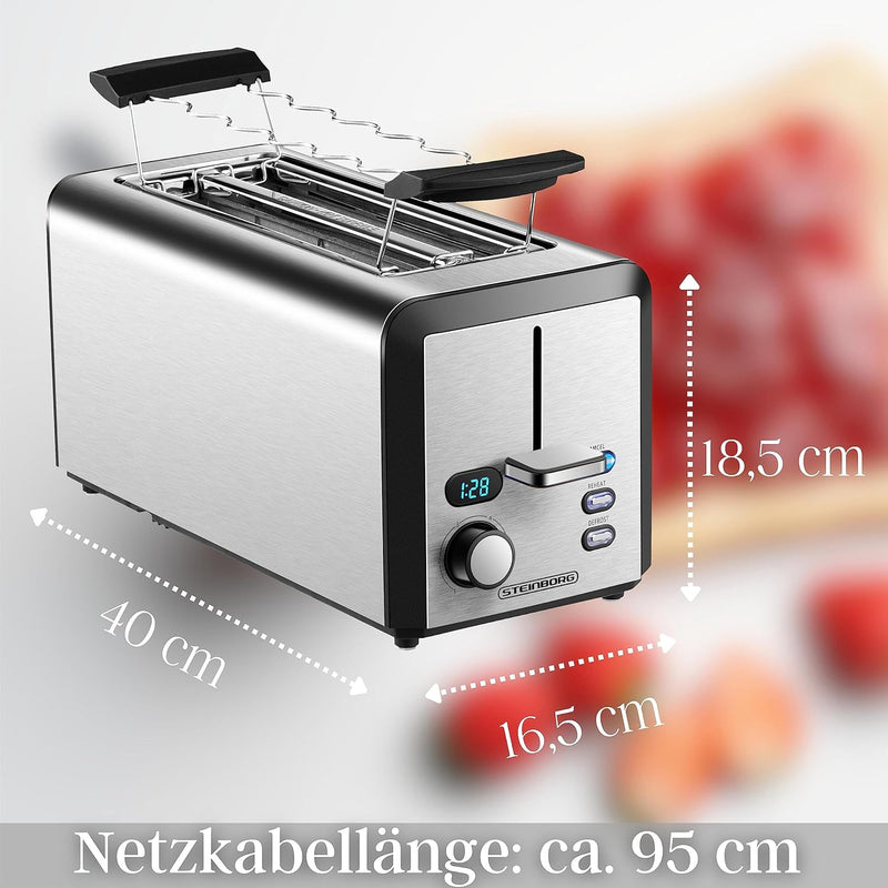 Toaster Langschlitz | 4 Scheiben Toastautomat | XXL | 1500 Watt | 6-Stufen Bräuneregler | Brötchenau