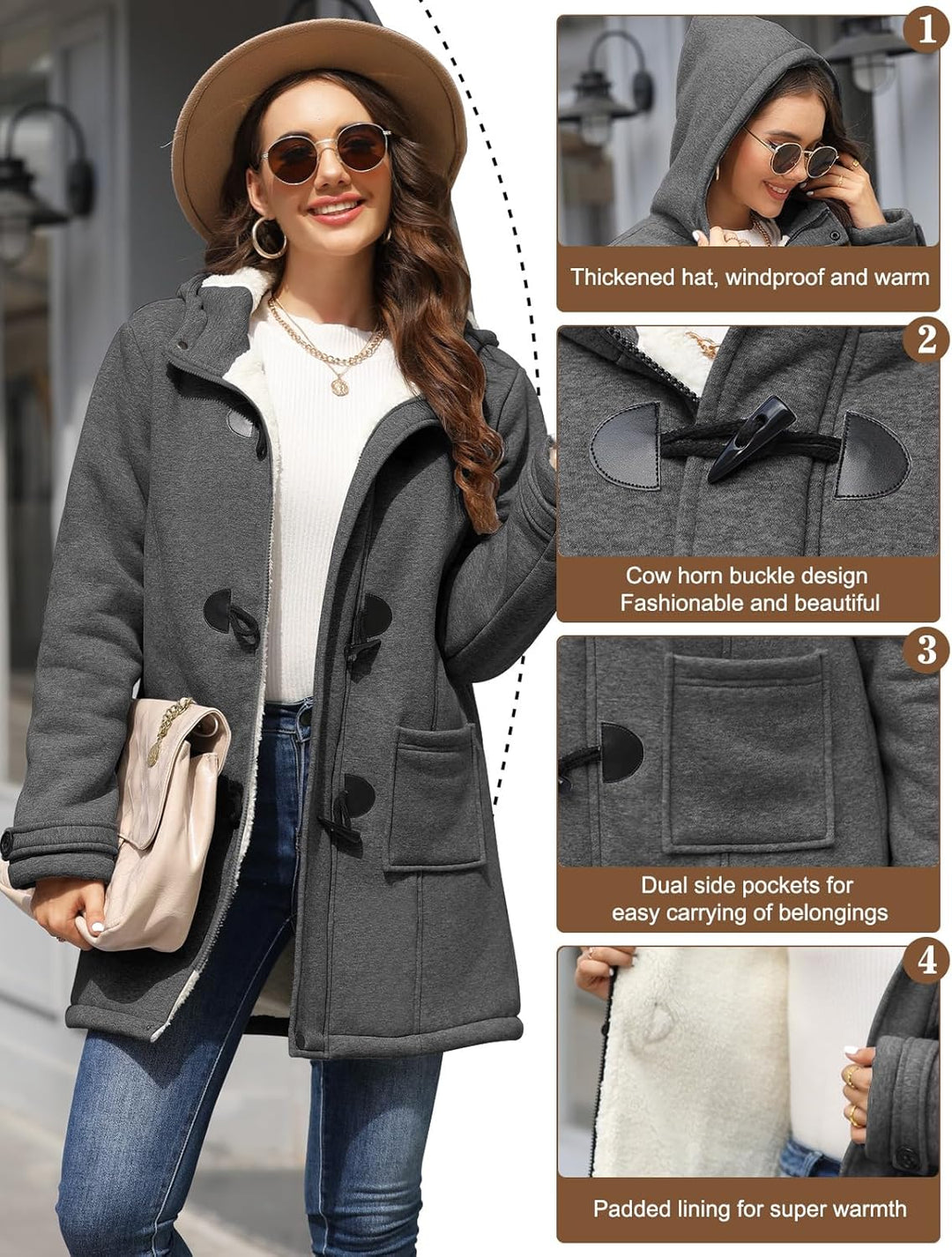 Yuson Girl Winterjacke Damen Fleecejacke Lang Wintermantel Warm Hornknopfjacke Einfarbig Kapuzenpull