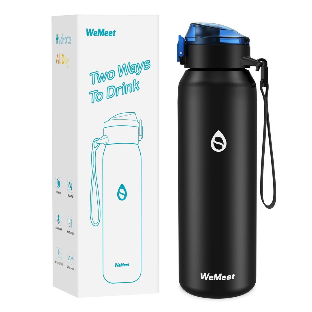 WEMEET 1000ml Trinkflasche Edelstahl mit Abnehmbare Strohhalm, [18/10 Edelstahl] BPA-frei Edelstahlf