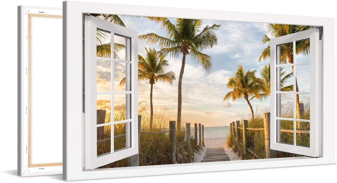 PICANOVA – Bild auf Leinwand Palmenweg zum Meer Fenster 100x50cm – Leinwandbild – Premium Leinwanddr