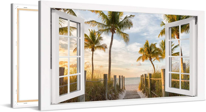 PICANOVA – Bild auf Leinwand Palmenweg zum Meer Fenster 100x50cm – Leinwandbild – Premium Leinwanddr
