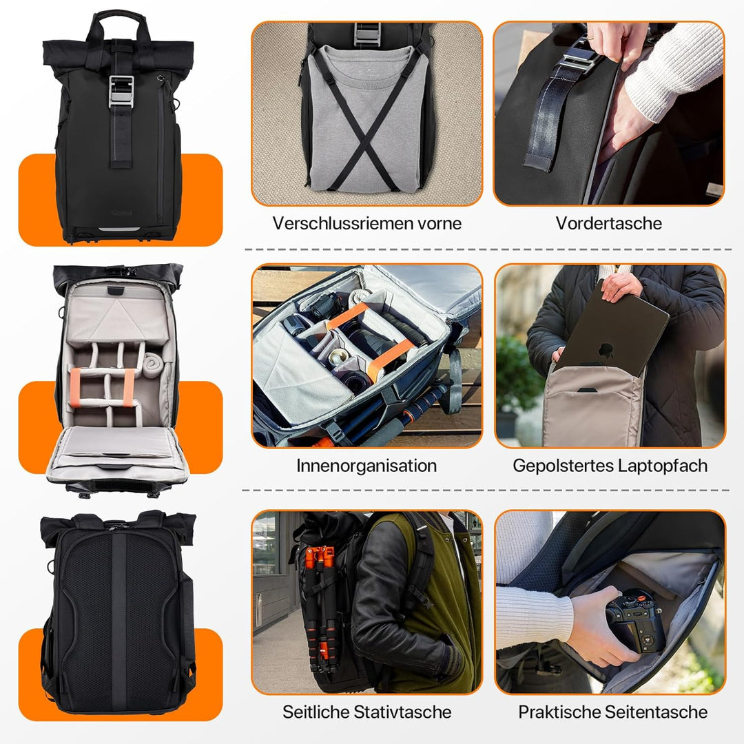 Rollei Fotoliner Ocean Rolltop Kamerarucksack Wasserdicht Fotorucksack Gross Kamera Rucksack mit Lap
