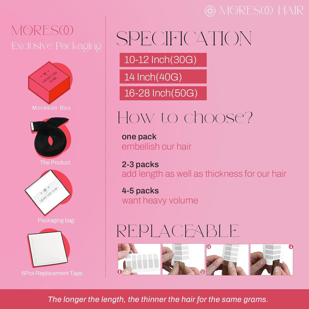 Moresoo Tape Extensions Echthaar Schwarzes Haar Extensions Tape Nahtlose Unsichtbar Remy Tape in Haa