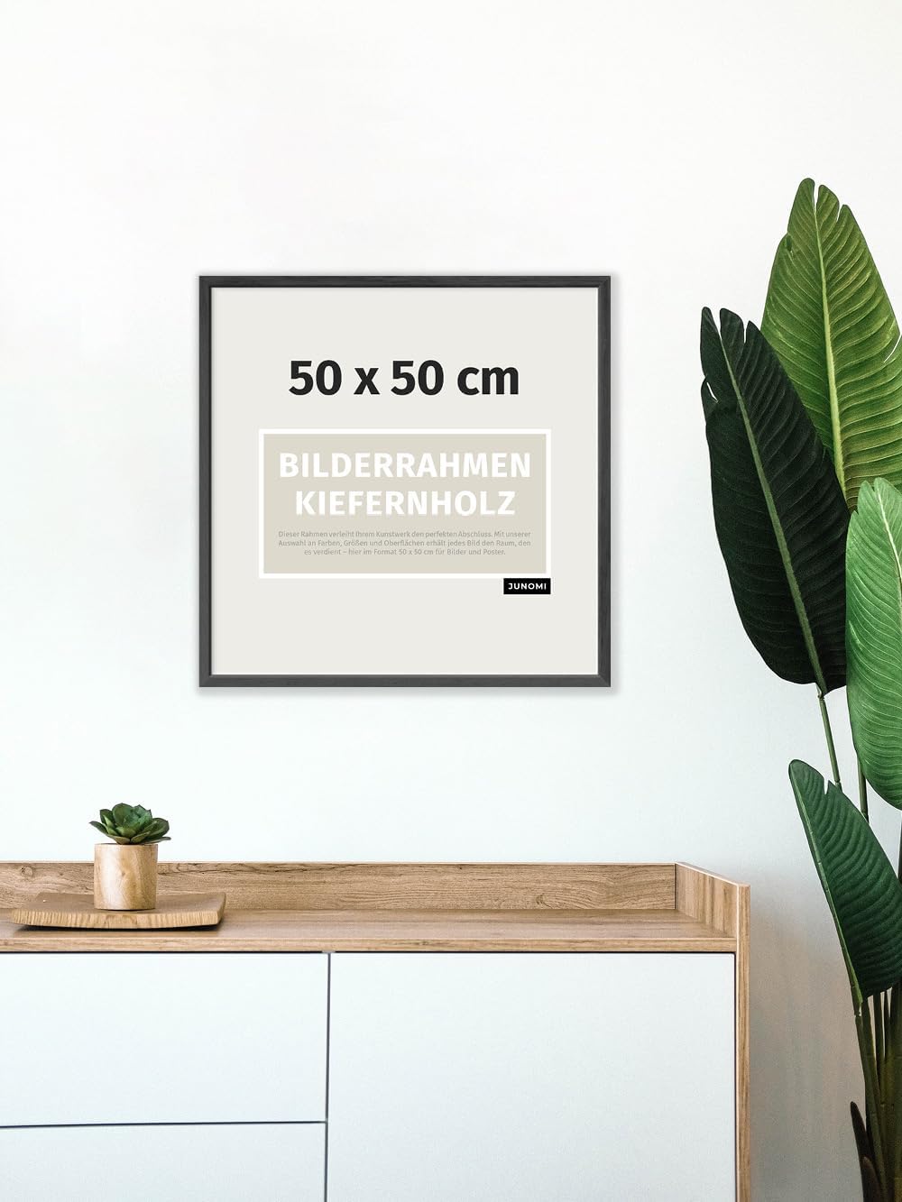 JUNOMI® Bilderrahmen 50x50 cm Holz | Farbe Schwarz | Quadratischer Posterrahmen mit bruchsicherem Ac