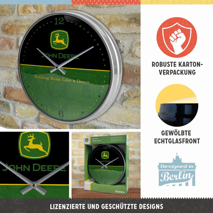 Nostalgic-Art Retro Wanduhr, Ø 31 cm, John Deere Logo – Black and Green – Geschenk-Idee für Traktor-