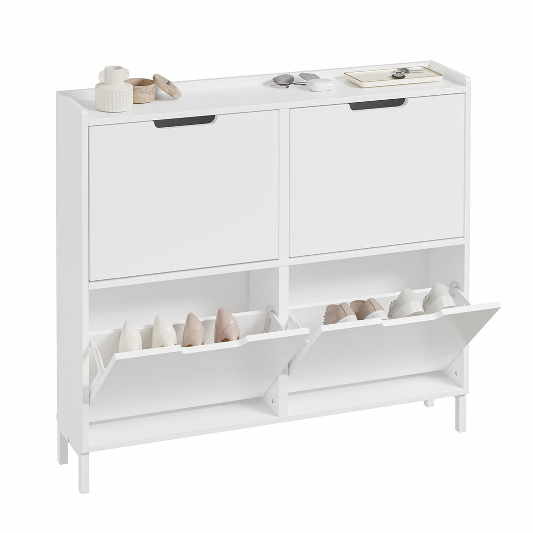 SoBuy Schuhschrank schmal mit 4 Klappen platzsparender Schuhkipper Hoch Kommode mit 4 Ablagen Schuhr