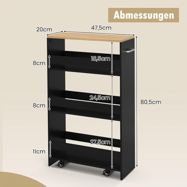 COSTWAY Nischenwagen 20cm breit, Nischenregal Badregal 4 Etagen, Nischenschrank auf Rollen, Servierw