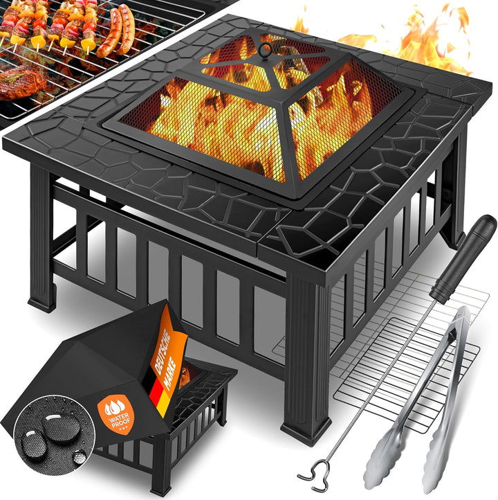 KESSER® Feuerstelle mit Grillrost & Grillzange Feuerschale 82x82x50cm, 3in1 Multifunktional Fire Pit