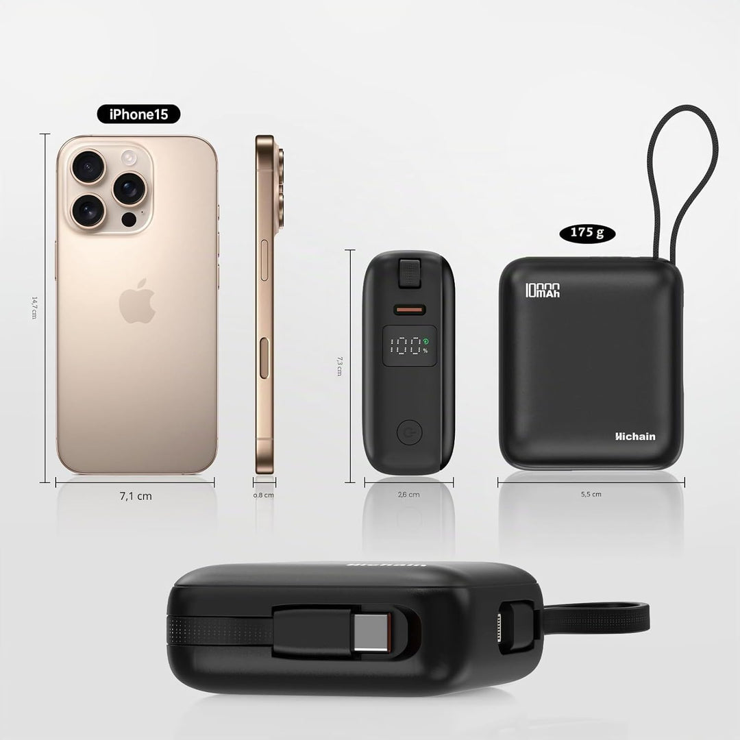 Hichain Power Bank Klein, 10000mAh 22,5W Powerbank USB C Schnellladen mit Integriertem USB-C Kabel,