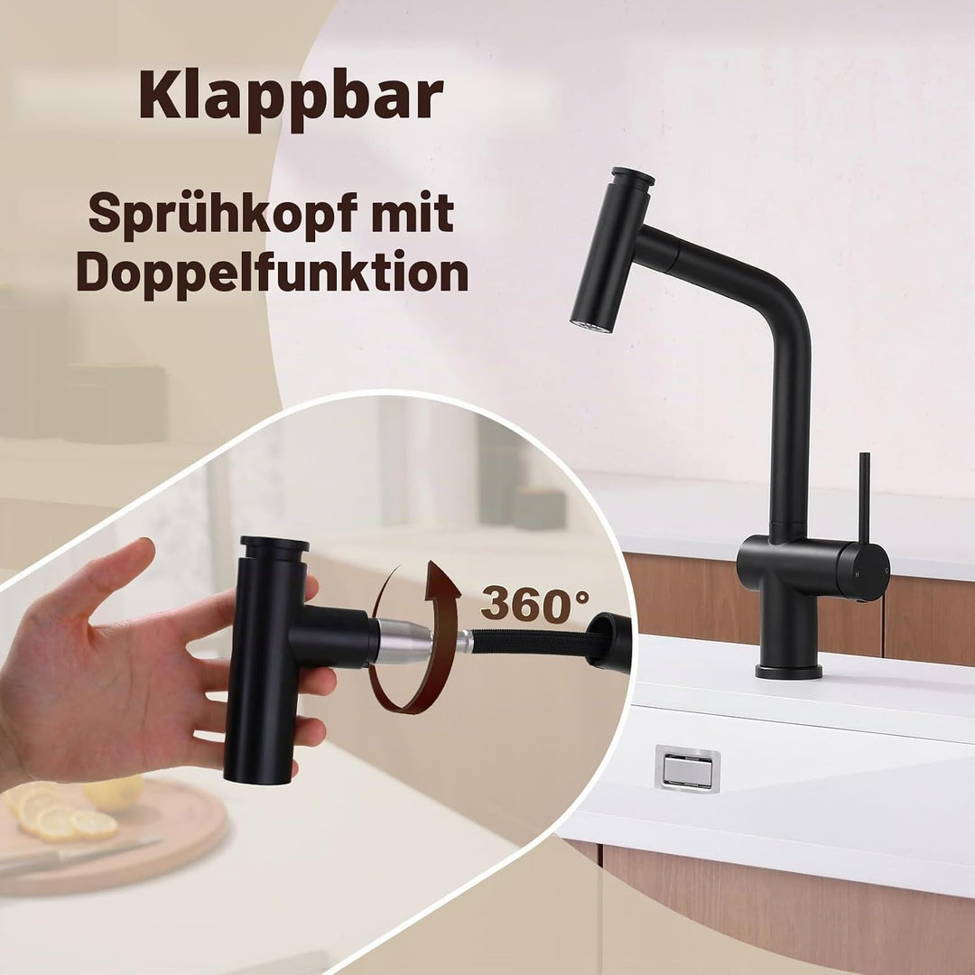 Wasserhahn Küche Schwarz, Hochdruck Küchenarmatur mit Herausziehbarer Brause Ausziehbar Armatur, Mis
