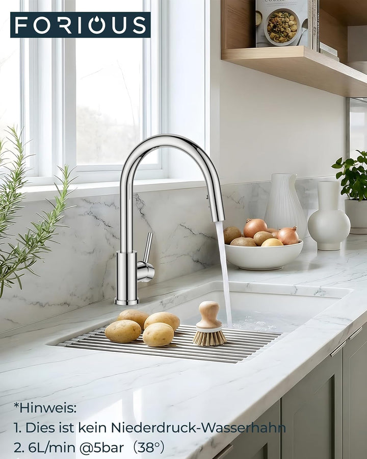 FORIOUS Wasserhahn Küche, Mischbatterie Küche mit Ausziehbar, Hochgebogene Küchenarmatur mit 2 Sprüh