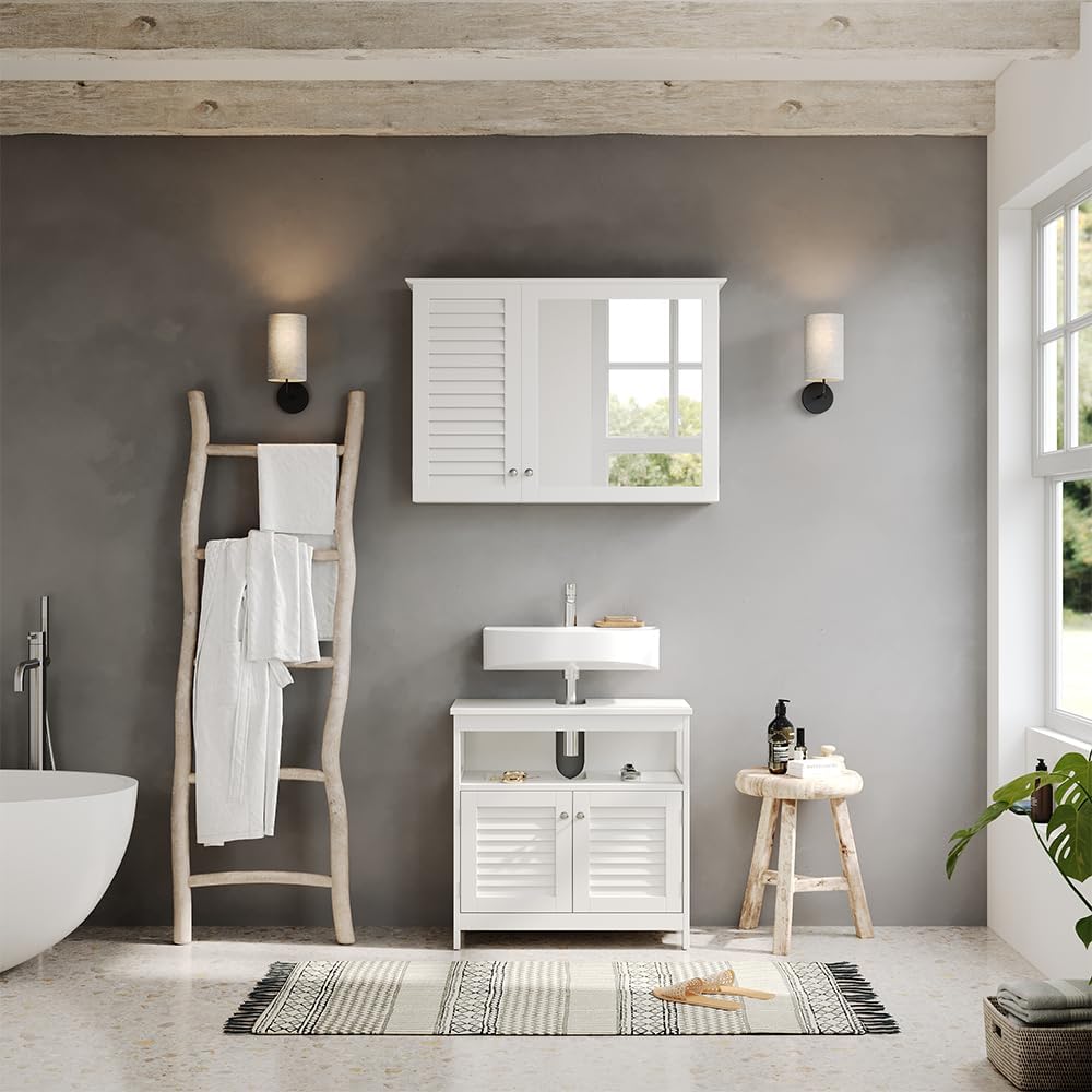 Vicco Badmöbel-Set Riad, Weiss, 60 cm, besteht aus Badspiegel und Waschbeckenunterschrank Set 1, Set