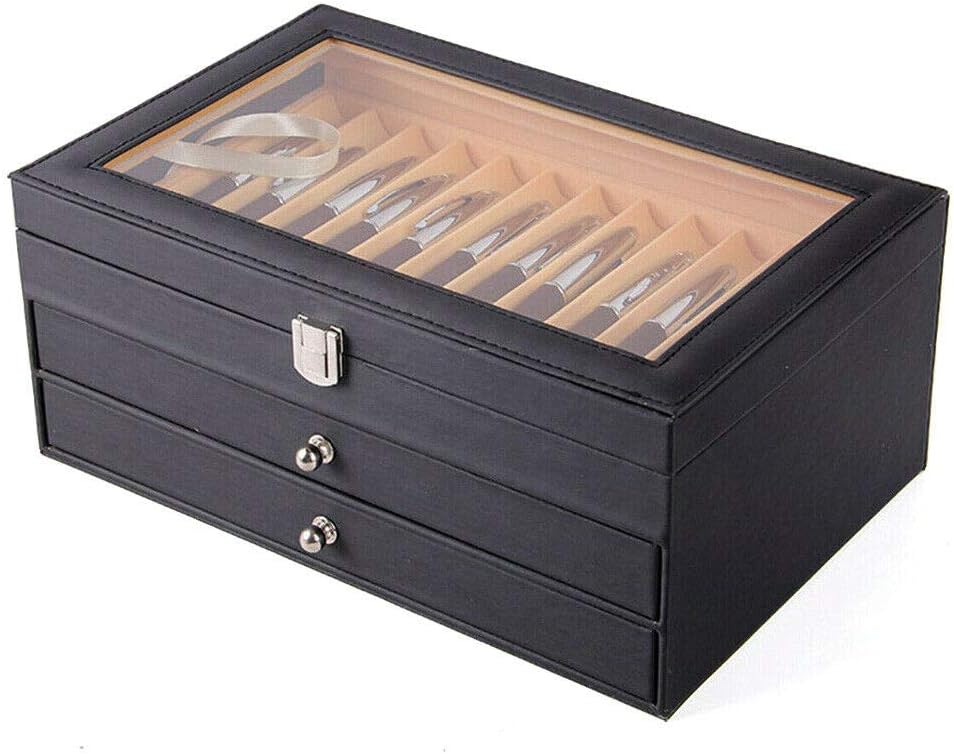 Futchoy Stifte Sammelbox Stifteköcher aus Leder 3 Schichten Stifthalterbox mit mit Glasfenster Holz