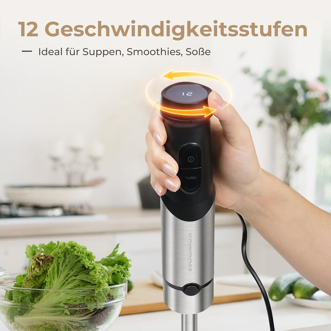 Stabmixer Set 1200W mit 12 Geschwindigkeiten & Turbofunktion – Edelstahl Pürierstab für Suppen, Soss