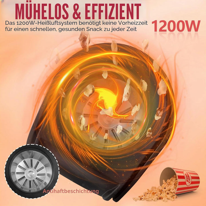 Heissluft Popcornmaschine, 1200W Heissluft Popcorn Maker mit Messlöffel, Transparenten Deckel, Nachf