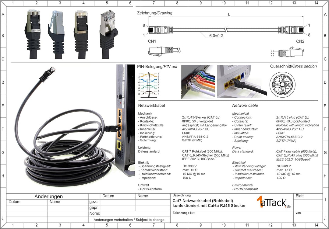 1aTTack.de 10m - schwarz - 5 Stück CAT.7 Netzwerkkabel Patchkabel SFTP PIMF LSZH Gigabit Lan Kabel 1